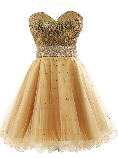 A-line Sweetheart Gold Tulle with Sequins Lace-up Sparkly Short/Mini Prom Dresses #JCD020103004