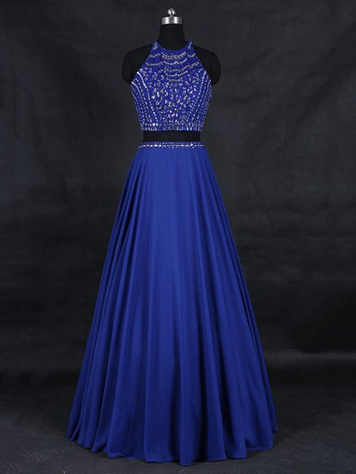 Custom A-line Scoop Neck Royal Blue Satin Beading Floor-length Two Piece Prom Dresses #JCD020103005