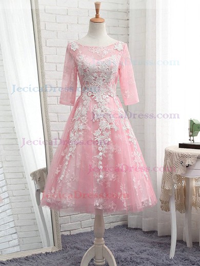 Tea-length A-line Scoop Neck Tulle Appliques Lace Pretty 3/4 Sleeve Prom Dresses #JCD020103006