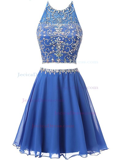 Two Piece A-line Halter Tulle Chiffon Beading Backless Junior Short/Mini Prom Dresses #JCD020103008