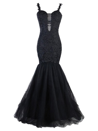 Ladies Trumpet/Mermaid Black Sweetheart Tulle Appliques Lace Sweep Train Backless Prom Dresses #JCD020103009