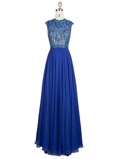 Cheap A-line Scoop Neck Chiffon Beading Floor-length Royal Blue Open Back Prom Dresses #JCD020103011