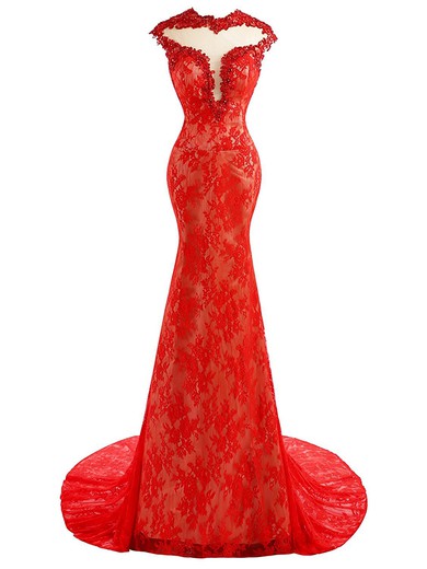 Elegant Red Scoop Neck Lace Tulle Beading Sweep Train Trumpet/Mermaid Prom Dresses #JCD020103013