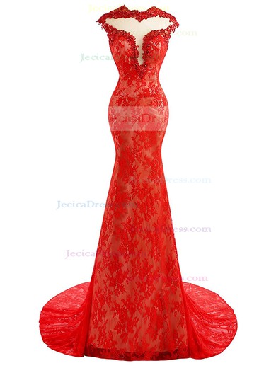 Elegant Red Scoop Neck Lace Tulle Beading Sweep Train Trumpet/Mermaid Prom Dresses #JCD020103013