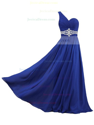 A-line Royal Blue Chiffon with Beading Floor-length Promotion One Shoulder Prom Dresses #JCD020103015