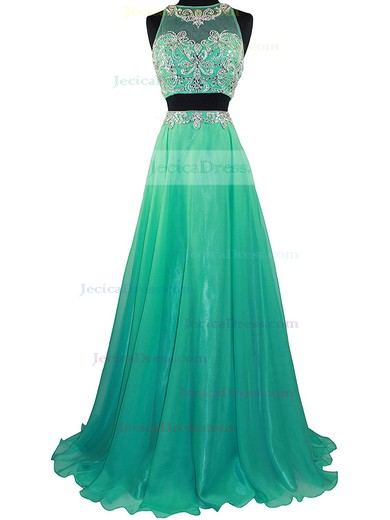 A-line Scoop Neck Chiffon Tulle with Beading Floor-length Online Two Piece Prom Dresses #JCD020103018