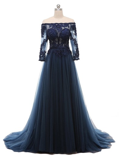 A-line Dark Navy Tulle Appliques Lace Sweep Train Long Sleeve Modest Off-the-shoulder Prom Dresses #JCD020103020