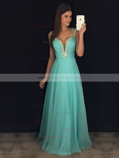 Sexy A-line V-neck Chiffon Tulle with Beading Floor-length Open Back Prom Dresses #JCD020103021