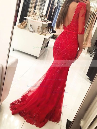 Backless Red Trumpet/Mermaid Scoop Neck Tulle Appliques Lace Floor-length 1/2 Sleeve New Prom Dresses #JCD020103022