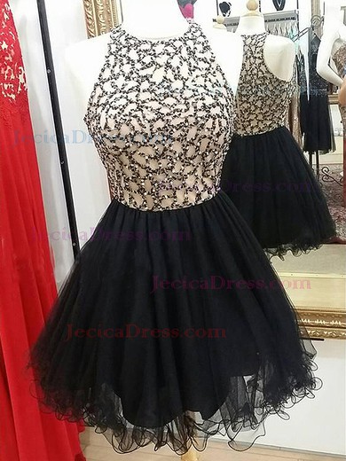 Glamorous A-line Scoop Neck Tulle with Beading Black Short/Mini Prom Dresses #JCD020103024
