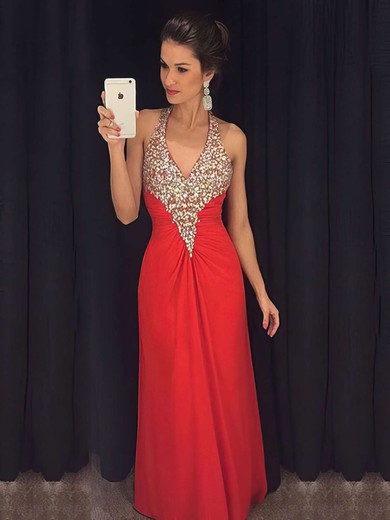 Boutique Halter A-line Chiffon with Beading Floor-length Backless Prom Dresses #JCD020103025