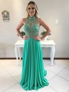 Classy A-line High Neck Tulle Chiffon with Beading Sweep Train Open Back Prom Dresses #JCD020103028