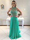 Classy A-line High Neck Tulle Chiffon with Beading Sweep Train Open Back Prom Dresses #JCD020103028