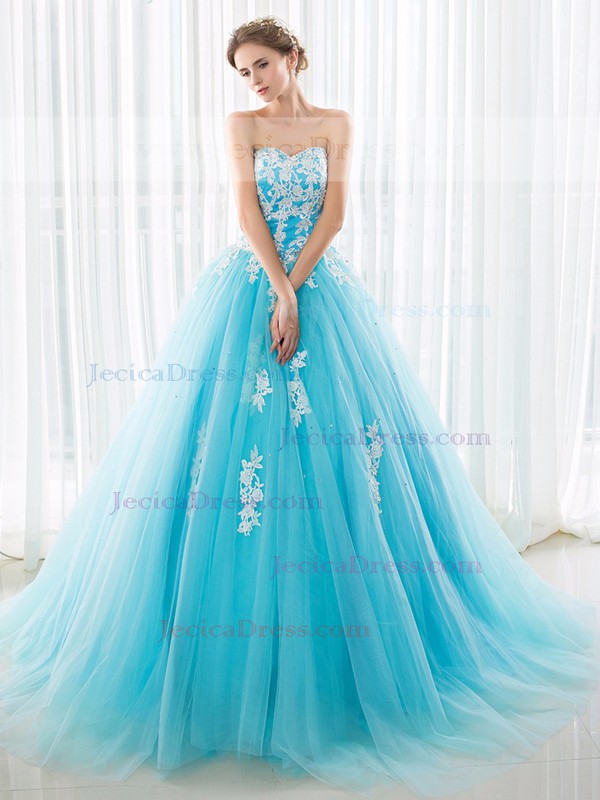 Sweetheart Tulle with Appliques Lace Sweep Train Lace-up Beautiful Ball Gown Prom Dresses #JCD020103029