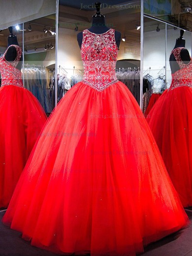 Ball Gown Scoop Neck Red Tulle with Sequins Sweep Train Fabulous Open Back Prom Dresses #JCD020103033