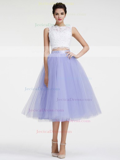 Tea-length Ball Gown Scoop Neck Tulle with Appliques Lace Two Piece Perfect Prom Dresses #JCD020103034