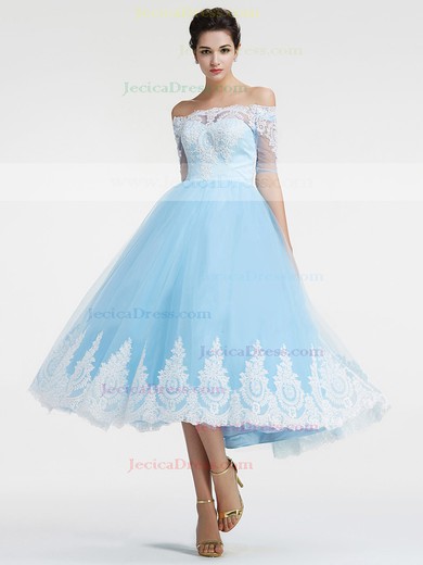 Ball Gown Tulle Appliques Lace Tea-length 1/2 Sleeve Off-the-shoulder Amazing Prom Dresses #JCD020103036