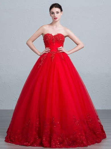 Sweetheart Red Tulle with Appliques Lace Floor-length Classy Ball Gown Prom Dresses #JCD020103038