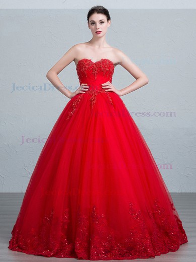 Sweetheart Red Tulle with Appliques Lace Floor-length Classy Ball Gown Prom Dresses #JCD020103038