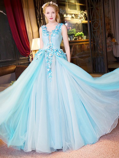 Ball Gown Scoop Neck Tulle with Appliques Lace Floor-length Newest Prom Dresses #JCD020103040