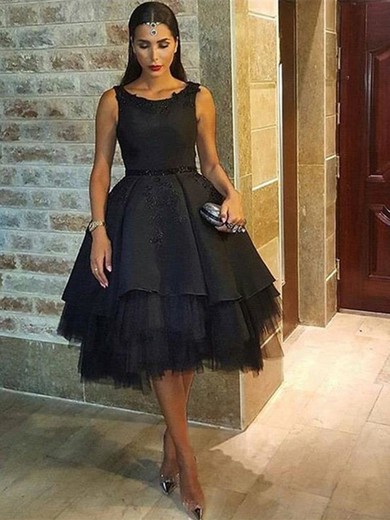 Online Tea-length Ball Gown Scoop Neck Black Satin Tulle Appliques Lace Open Back Prom Dresses #JCD020103043