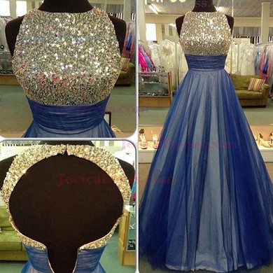 Open Back Ball Gown Scoop Neck Tulle with Sequins Floor-length Nice Prom Dresses #JCD020103046