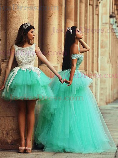 Off-the-shoulder Ball Gown Tulle with Appliques Lace Floor-length Sexy Backless Prom Dresses #JCD020103048