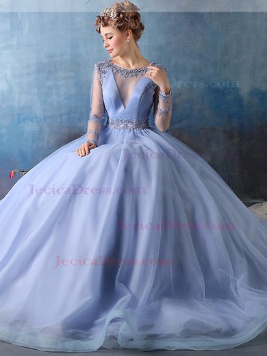 Modest Ball Gown Scoop Neck Tulle Appliques Lace Sweep Train Backless Long Sleeve Prom Dresses #JCD020103050