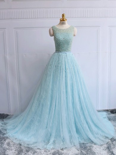 Ball Gown Scoop Neck Lace Tulle with Pearl Detailing Court Train Backless Fashion Prom Dresses #JCD020103051