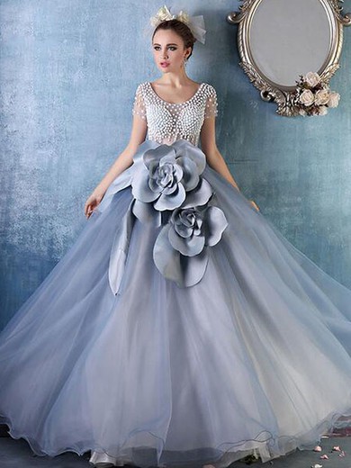 Ball Gown Scoop Neck Tulle with Beading Floor-length Beautiful Short Sleeve Prom Dresses #JCD020103053