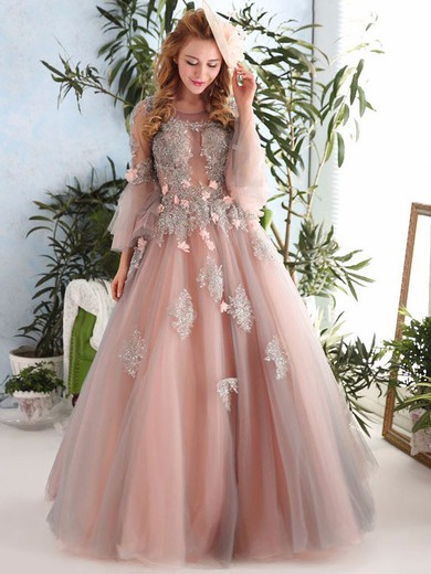 Pretty Scoop Neck Tulle with Appliques Lace Floor-length Ball Gown Long Sleeve Prom Dresses #JCD020103054