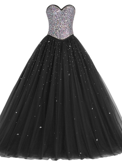 Original Sweetheart Black Tulle Sequined Crystal Detailing Floor-length Ball Gown Prom Dresses #JCD020103058