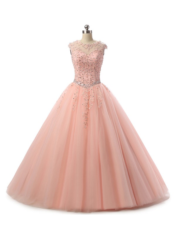 Scoop Neck Tulle with Appliques Lace Floor-length Lace-up Trendy Ball Gown Prom Dresses #JCD020103065