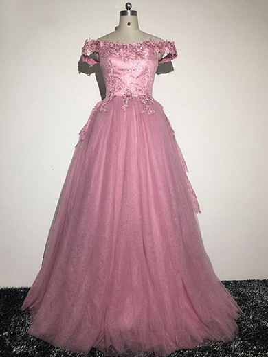 Ball Gown Lace Tulle with Appliques Lace Sweep Train Vintage Off-the-shoulder Prom Dresses #JCD020103068
