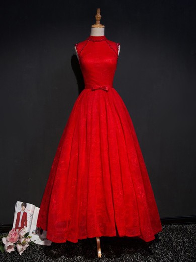 Wholesale Ball Gown High Neck Red Lace with Sashes / Ribbons Asymmetrical Prom Dresses #JCD020103071
