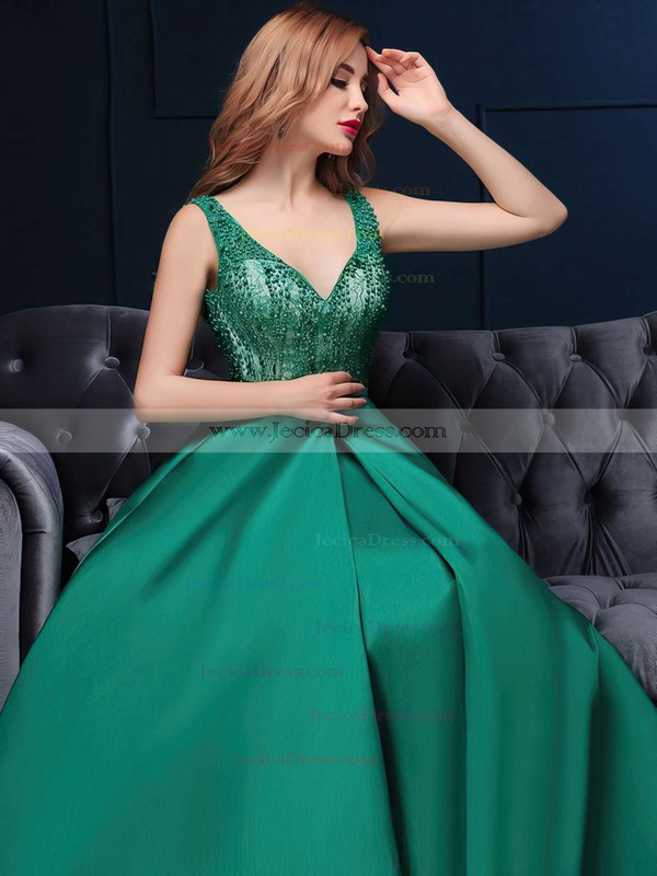 Ball Gown V-neck Satin with Sashes / Ribbons Floor-length Promotion Backless Prom Dresses #JCD020103072