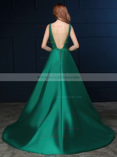 Ball Gown V-neck Satin with Sashes / Ribbons Floor-length Promotion Backless Prom Dresses #JCD020103072