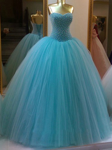 Sweetheart Tulle with Pearl Detailing Floor-length Lace-up Glamorous Ball Gown Prom Dresses #JCD020103076