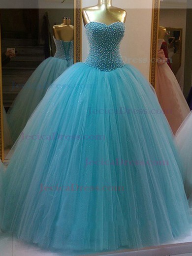 Sweetheart Tulle with Pearl Detailing Floor-length Lace-up Glamorous Ball Gown Prom Dresses #JCD020103076
