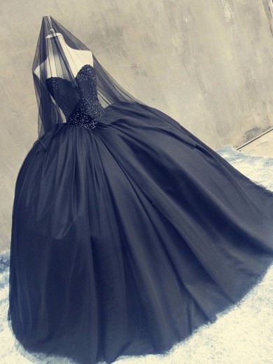 Elegant Sweetheart Black Tulle with Beading Floor-length Ball Gown Prom Dresses #JCD020103080