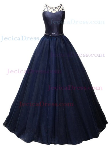 Graceful Scoop Neck Satin Dark Navy Tulle Beading Floor-length Ball Gown Prom Dresses #JCD020103085