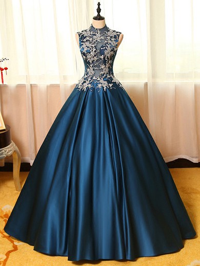Ball Gown Satin Tulle with Appliques Lace Floor-length Noble High Neck Prom Dresses #JCD020103086