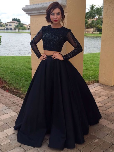 Two Piece Ball Gown Scoop Neck Black Satin Tulle with Beading Floor-length Long Sleeve Latest Prom Dresses #JCD020103091