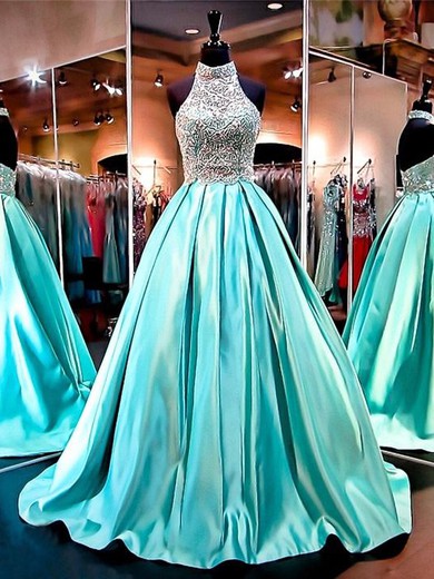 Halter Ball Gown Satin Tulle with Beading Sweep Train Trendy Backless Prom Dresses #JCD020103092