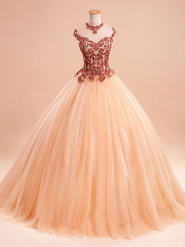 Ball Gown Tulle with Appliques Lace Floor-length Popular High Neck Prom Dresses #JCD020103093
