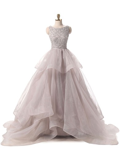Different Ball Gown Scoop Neck Organza with Beading Sweep Train Backless Prom Dresses #JCD020103096