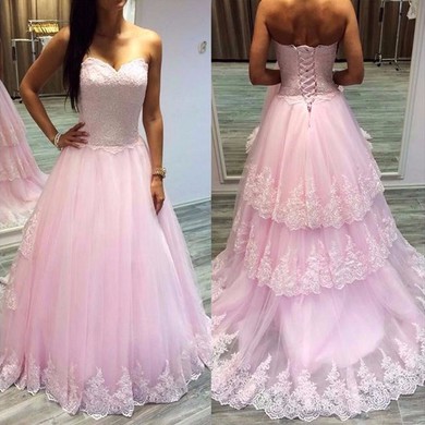 Sweetheart Pink Tulle with Appliques Lace Sweep Train Prettiest Ball Gown Prom Dresses #JCD020103097