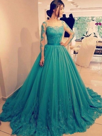 Modest Ball Gown Scoop Neck Tulle with Appliques Lace Sweep Train Long Sleeve Prom Dresses #JCD020103098