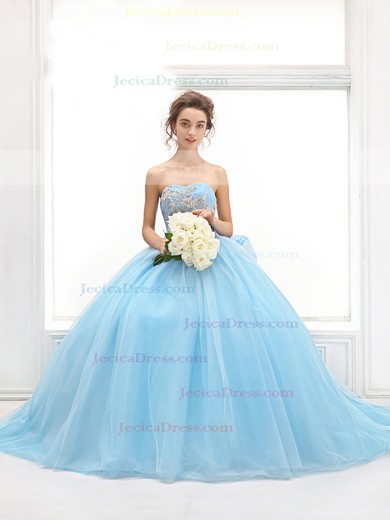 Glamorous Sweetheart Blue Chiffon Tulle with Appliques Lace Court Train Ball Gown Prom Dresses #JCD020103099