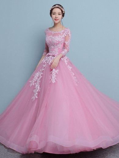 Ball Gown Scoop Neck Tulle with Appliques Lace Floor-length Pretty 3/4 Sleeve Prom Dresses #JCD020103100